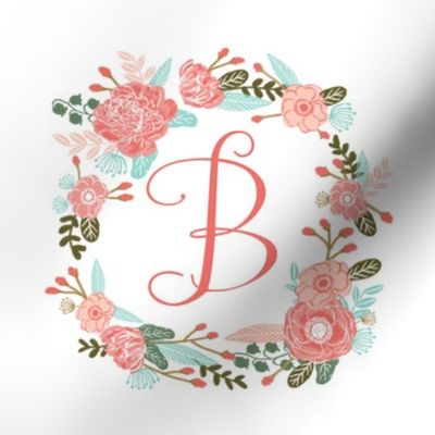 B monogram girls sweet florals flowers flower wreath girls monogram pillow fabric swatch design mini 8" swatch size  personalized personal letter quilt fabric cute girls design