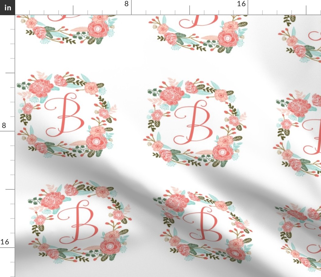 B monogram girls sweet florals flowers flower wreath girls monogram pillow fabric swatch design mini 8" swatch size  personalized personal letter quilt fabric cute girls design