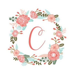 C monogram girls sweet florals flowers flower wreath girls monogram pillow fabric swatch design mini 8" swatch size  personalized personal letter quilt fabric cute girls design
