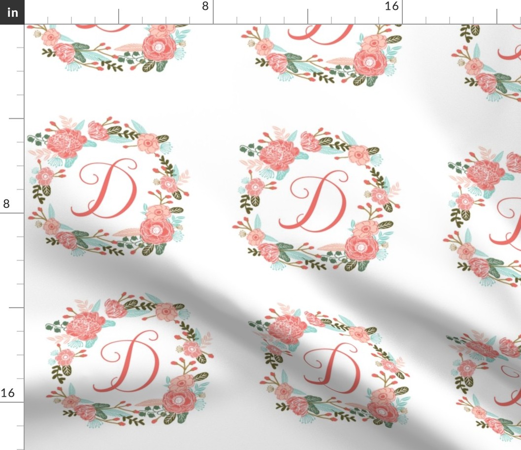 D monogram girls sweet florals flowers flower wreath girls monogram pillow fabric swatch design mini 8" swatch size  personalized personal letter quilt fabric cute girls design