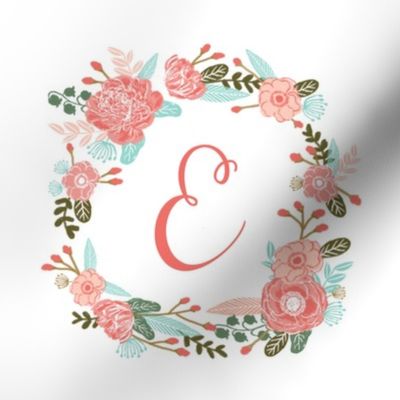 E monogram girls sweet florals flowers flower wreath girls monogram pillow fabric swatch design mini 8" swatch size  personalized personal letter quilt fabric cute girls design