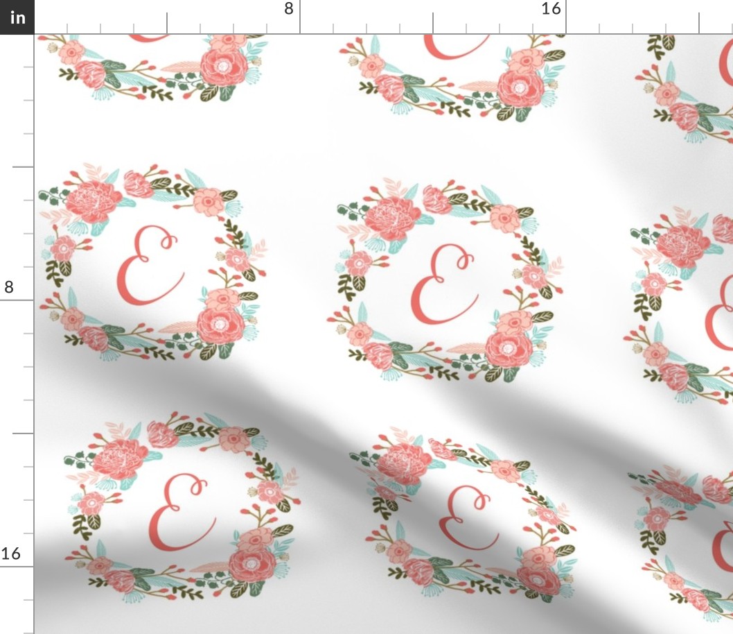 E monogram girls sweet florals flowers flower wreath girls monogram pillow fabric swatch design mini 8" swatch size  personalized personal letter quilt fabric cute girls design