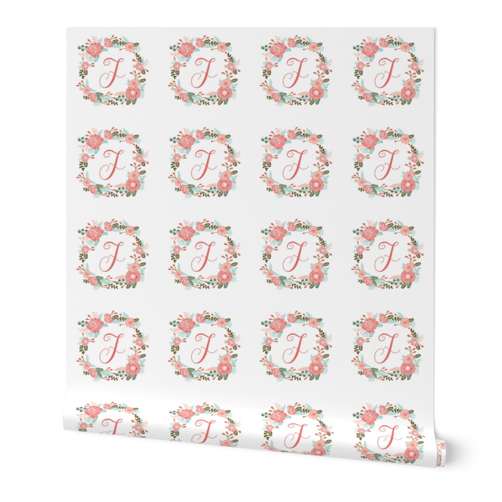 F monogram girls sweet florals flowers flower wreath girls monogram pillow fabric swatch design mini 8" swatch size  personalized personal letter quilt fabric cute girls design