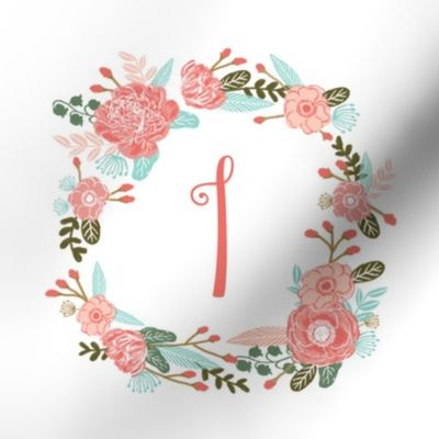 I monogram girls sweet florals flowers flower wreath girls monogram pillow fabric swatch design mini 8" swatch size  personalized personal letter quilt fabric cute girls design