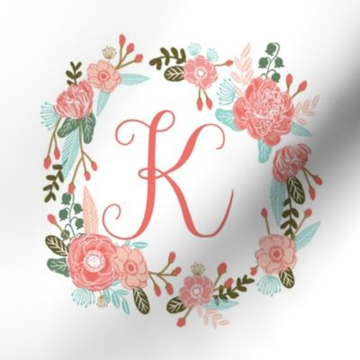 K monogram girls sweet florals flowers flower wreath girls monogram pillow fabric swatch design mini 8" swatch size  personalized personal letter quilt fabric cute girls design