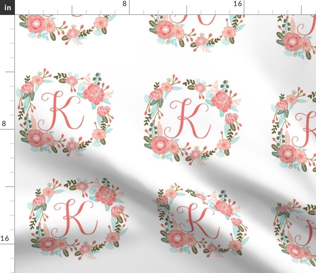 K monogram girls sweet florals flowers flower wreath girls monogram pillow fabric swatch design mini 8" swatch size  personalized personal letter quilt fabric cute girls design