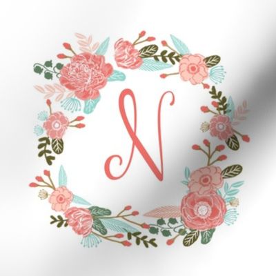 N monogram girls sweet florals flowers flower wreath girls monogram pillow fabric swatch design mini 8" swatch size  personalized personal letter quilt fabric cute girls design