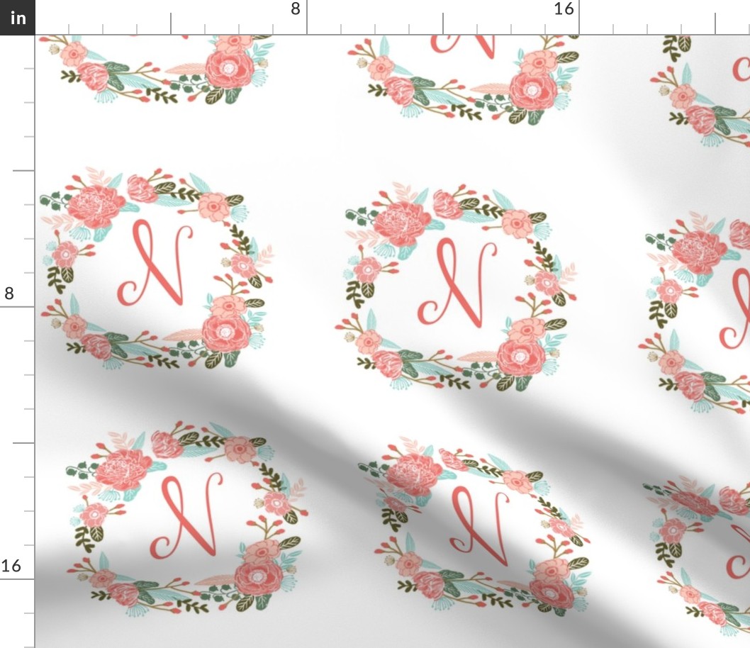 N monogram girls sweet florals flowers flower wreath girls monogram pillow fabric swatch design mini 8" swatch size  personalized personal letter quilt fabric cute girls design