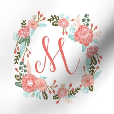 M monogram girls sweet florals flowers flower wreath girls monogram pillow fabric swatch design mini 8" swatch size  personalized personal letter quilt fabric cute girls design