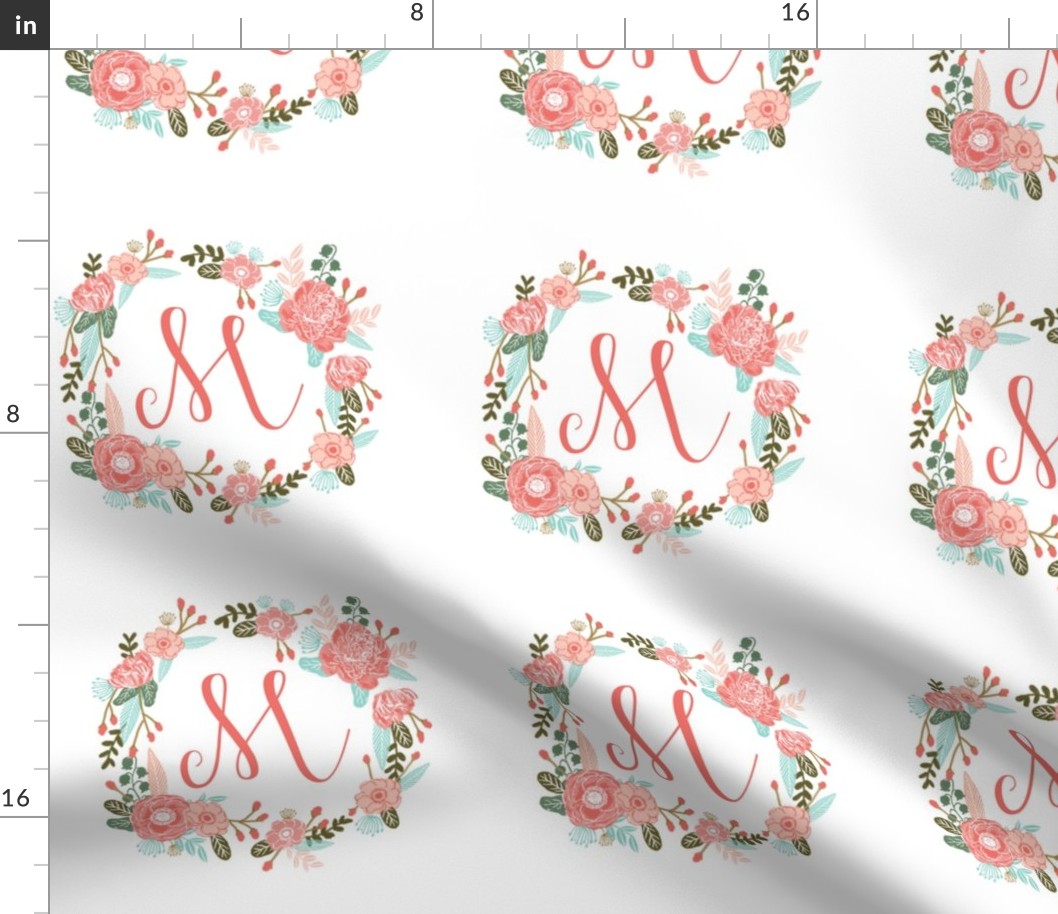 M monogram girls sweet florals flowers flower wreath girls monogram pillow fabric swatch design mini 8" swatch size  personalized personal letter quilt fabric cute girls design