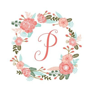 P monogram girls sweet florals flowers flower wreath girls monogram pillow fabric swatch design mini 8" swatch size  personalized personal letter quilt fabric cute girls design