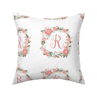 R monogram girls sweet florals flowers flower wreath girls monogram pillow fabric swatch design mini 8" swatch size  personalized personal letter quilt fabric cute girls design