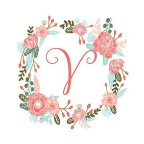 V monogram girls sweet florals flowers flower wreath girls monogram pillow fabric swatch design mini 8" swatch size  personalized personal letter quilt fabric cute girls design