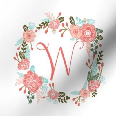 W monogram girls sweet florals flowers flower wreath girls monogram pillow fabric swatch design mini 8" swatch size  personalized personal letter quilt fabric cute girls design
