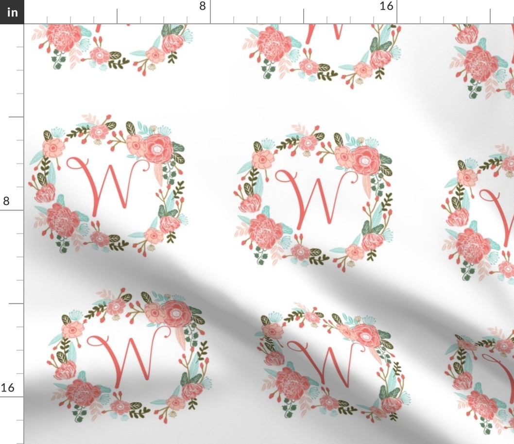 W monogram girls sweet florals flowers flower wreath girls monogram pillow fabric swatch design mini 8" swatch size  personalized personal letter quilt fabric cute girls design