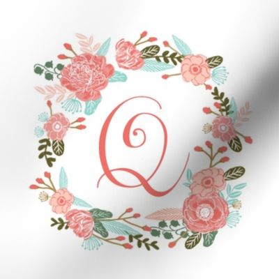 Q monogram girls sweet florals flowers flower wreath girls monogram pillow fabric swatch design mini 8" swatch size  personalized personal letter quilt fabric cute girls design