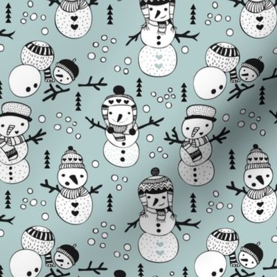 Cute winter snowman sweet snow woodland design with snow puppet in black and white and ice blue