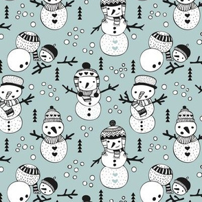 Cute winter snowman sweet snow woodland design with snow puppet in black and white and ice blue