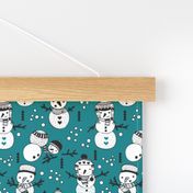 Cute winter snowman sweet snow woodland design with snow puppet in black and white and teal blue