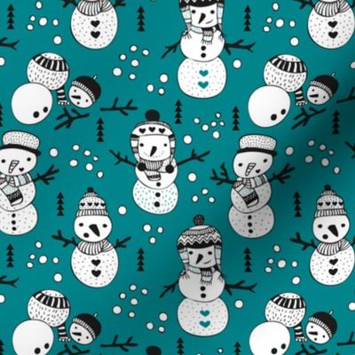 Cute winter snowman sweet snow woodland design with snow puppet in black and white and teal blue