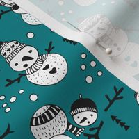 Cute winter snowman sweet snow woodland design with snow puppet in black and white and teal blue