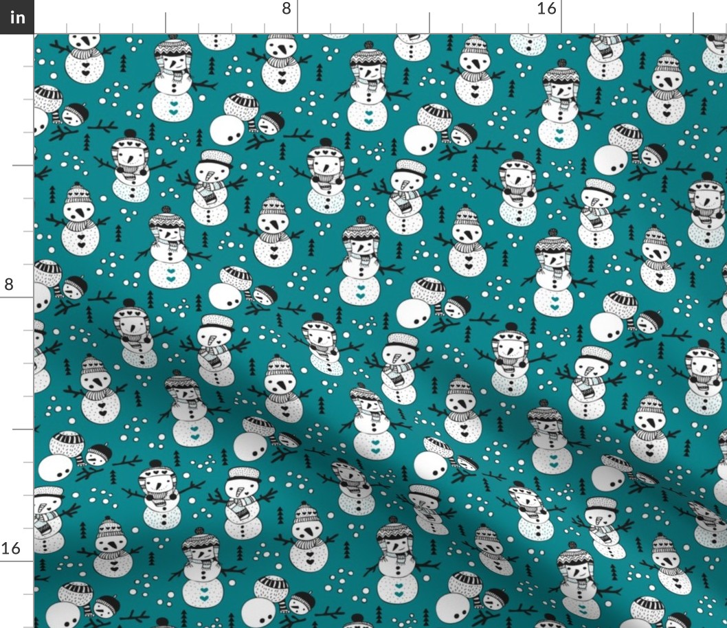 Cute winter snowman sweet snow woodland design with snow puppet in black and white and teal blue