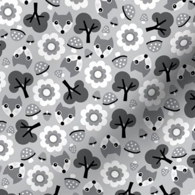 Baby fox fall pattern cute tossed woodland design for fall and winter gray black and white