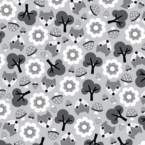 Baby fox fall pattern cute tossed woodland design for fall and winter gray black and white