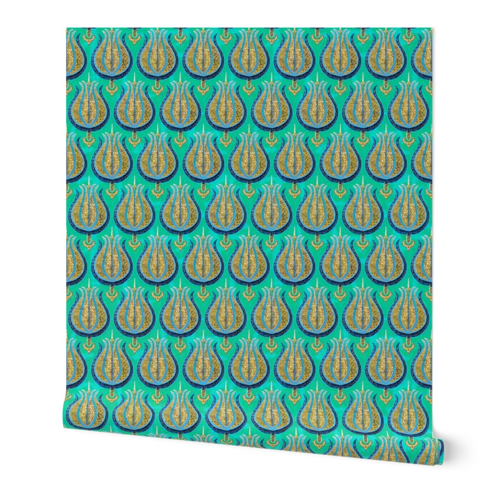 Bright tulips in gold + silver on sea green by Su_G_©SuSchaefer