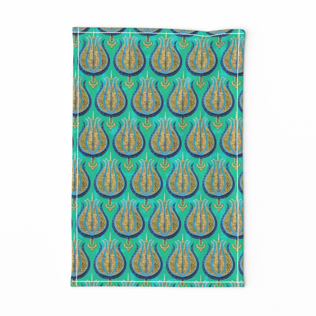 Bright tulips in gold + silver on sea green by Su_G_©SuSchaefer