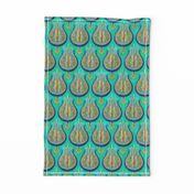 Bright tulips in gold + silver on sea green by Su_G_©SuSchaefer