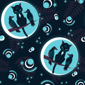 moonlight cat and ravens