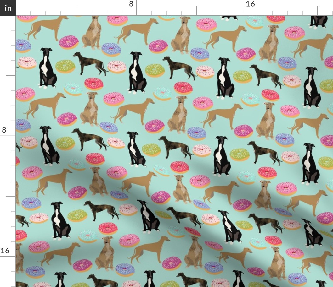 greyhounds dog fabric  donuts doughnuts fabric cute dog breed fabric pink mint pastels cute doughnuts