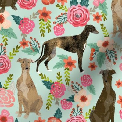 brindle cute greyhound fabric mint florals flowers cute fabric best dog fabric florals cute brindle fabric