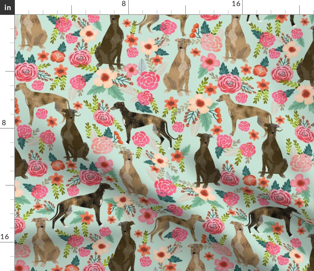 brindle cute greyhound fabric mint florals flowers cute fabric best dog fabric florals cute brindle fabric