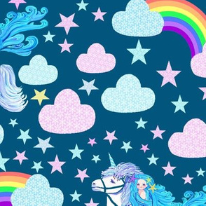 Unicorn rainbow dream with pastel fluffy clouds
