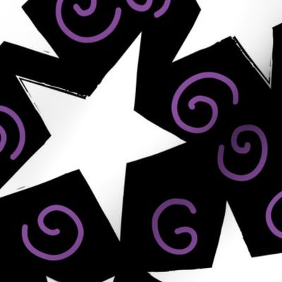 white stars and purple swirls on black