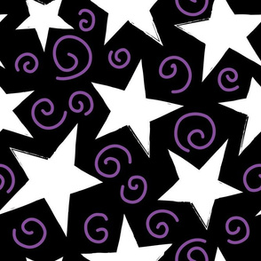 white stars and purple swirls on black