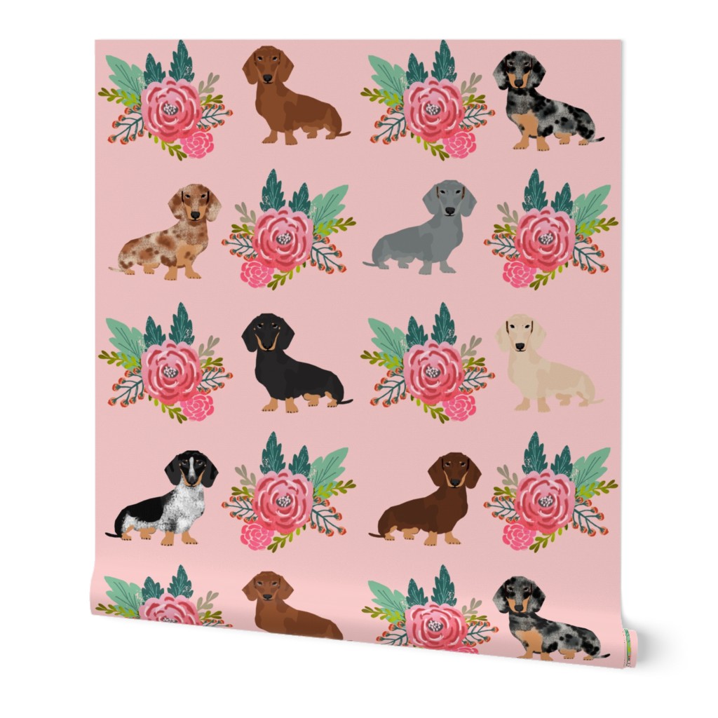 doxie florals floral wreath cute dog design dachshunds doxie fabric cute dogs fabric pink