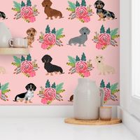 doxie florals floral wreath cute dog design dachshunds doxie fabric cute dogs fabric pink