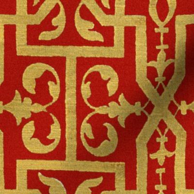 Renaissance Scrollwork Trellis ~ Gilt on Turkey Red 