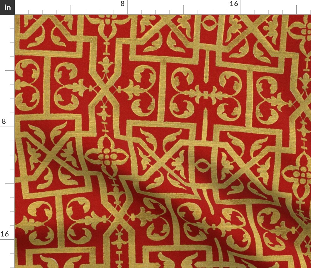Renaissance Scrollwork Trellis ~ Gilt on Turkey Red 