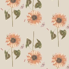 Faded Summer Sunflowers on Dusty Olive Beige