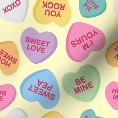 Conversation Hearts, yellow background 