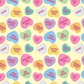 Conversation Hearts, yellow background 