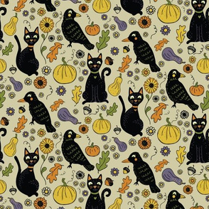 Black Cats and Ravens with Fall Leaves and Pumpkins