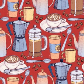 Coffee Love - Painted Illustration Pattern on Red