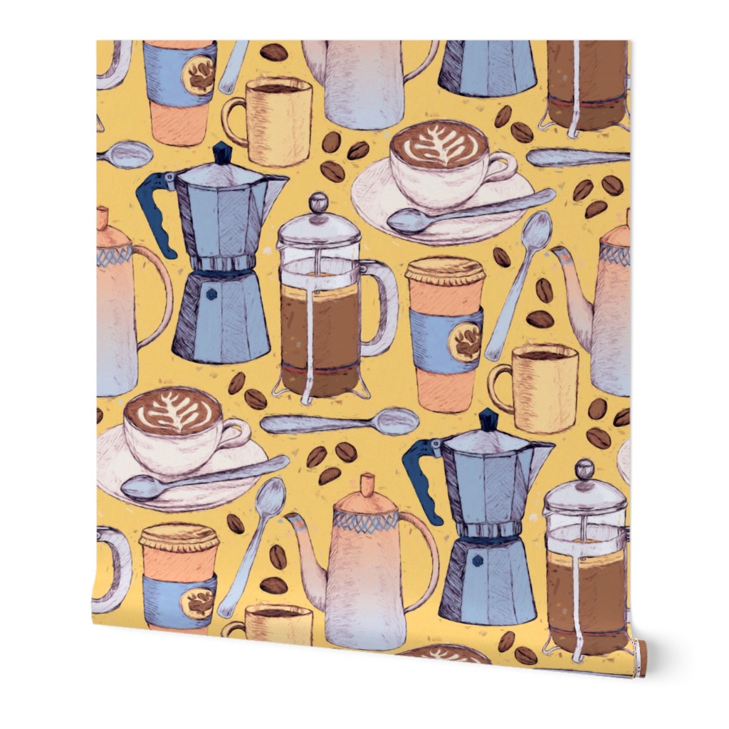 Coffee Love - Painted Illustration Pattern on Yellow