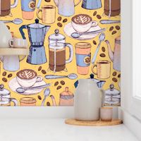 Coffee Love - Painted Illustration Pattern on Yellow