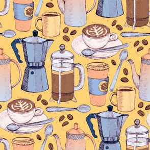 Coffee Love - Painted Illustration Pattern on Yellow